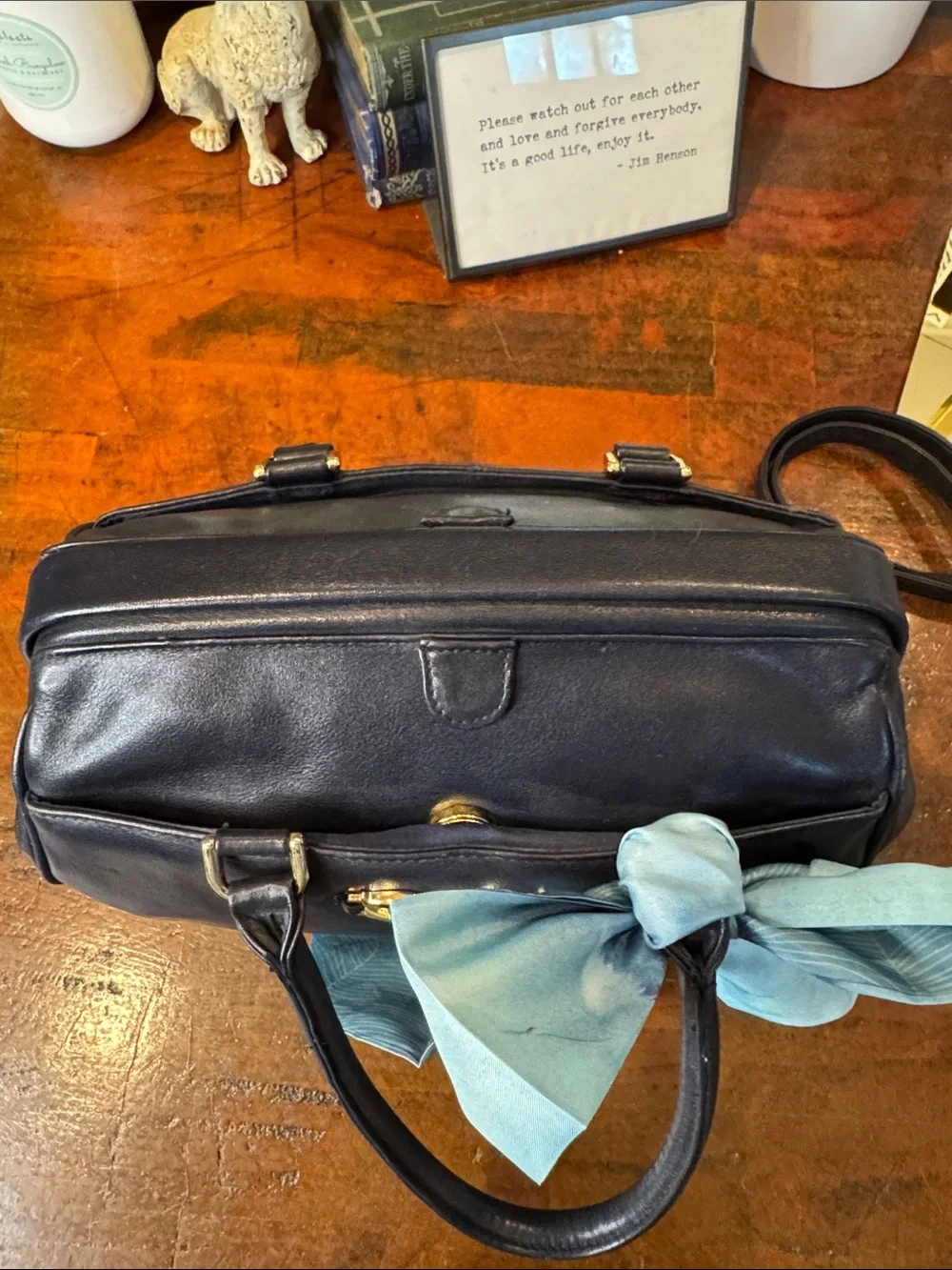 Etienne Aigner Navy Leather Satchel with Light Blue Scarf